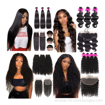 Unprocessed Raw Indian Virgin Cuticle Aligned Human Hair Bundles With Lace Closure Frontal Wholesale Remy Hair Weave Extension